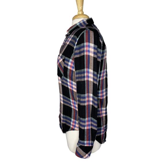RAILS Metallic Plaid Rayon Button Up Shirt Small Black Pink Blue Long Sleeve - Picture 2 of 11